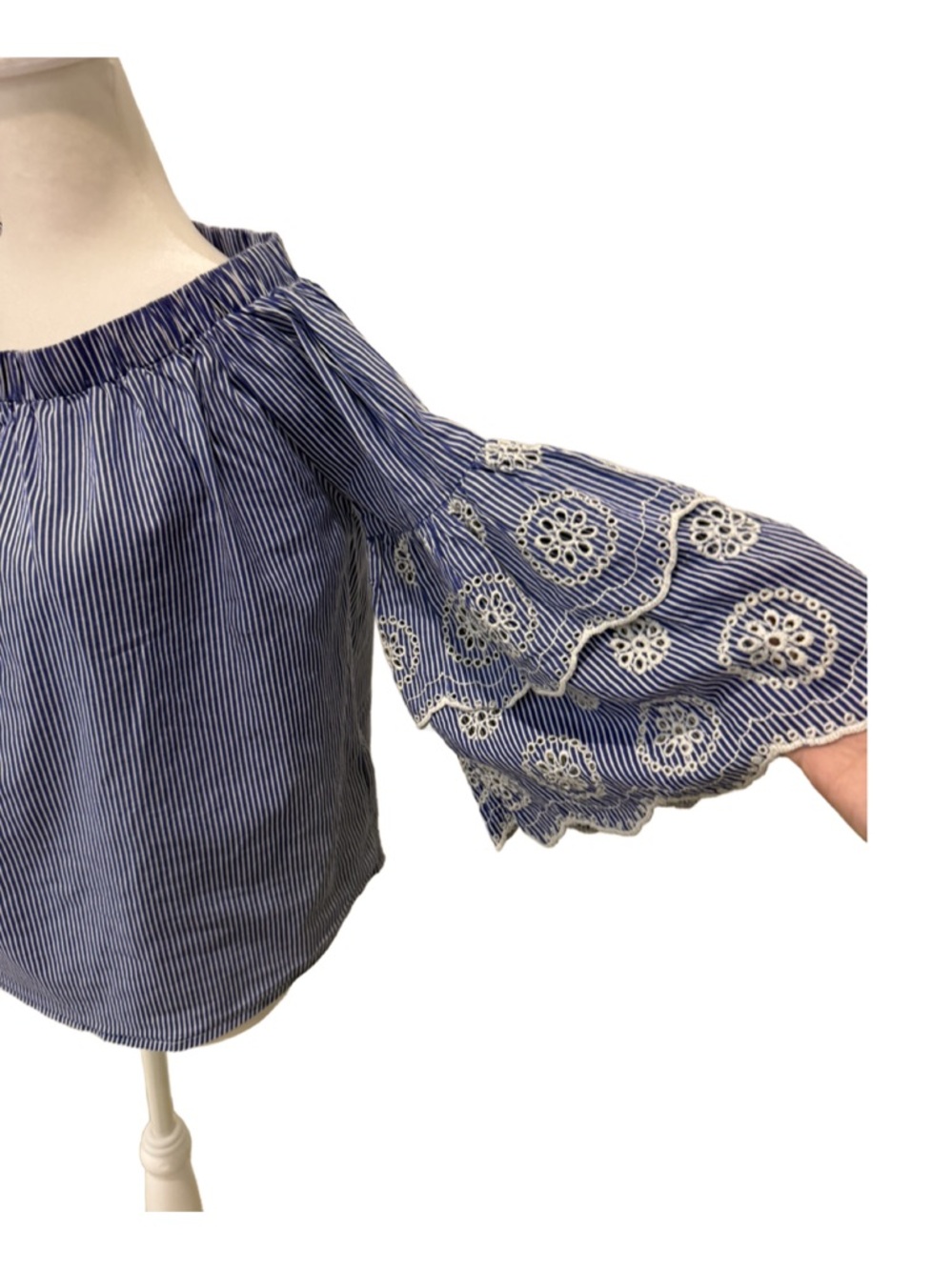Rebellion Blue and White Striped Off-Shoulder Top. Large